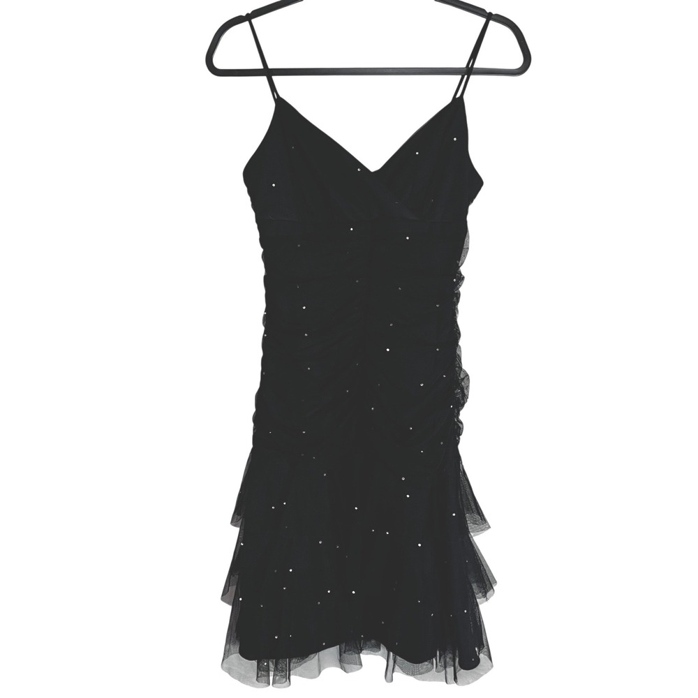 Niki Liva Black Rhinestone Babydoll Ruched Mesh Dress Size 6 Fairy Grunge Whimsi